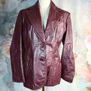Vintage 70s TFC Maroon 100% Leather Button Up Coat Jacket